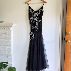 XSCAPE by Joanna Chen Black Beaded Floral Slip Dress Size 4 Y2K Formal Midi